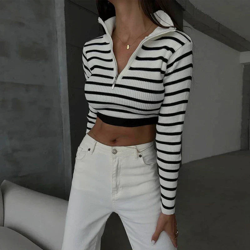 Dam Tröja Randig med Dragkedja i 100% Bomull-3