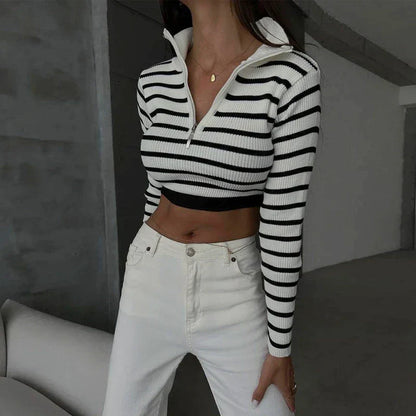 Dam Tröja Randig med Dragkedja i 100% Bomull-3