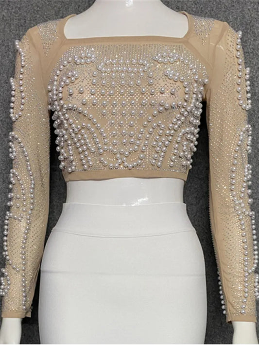 Damklänning Monokrom Polyester Lång Med Pärlkrage-1