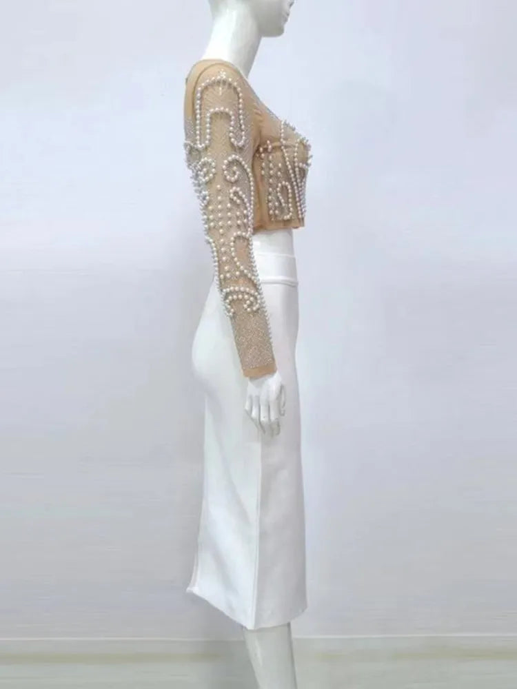 Damklänning Monokrom Polyester Lång Med Pärlkrage-3