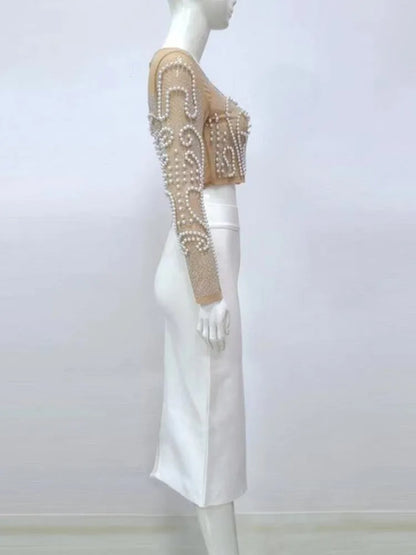 Damklänning Monokrom Polyester Lång Med Pärlkrage-3