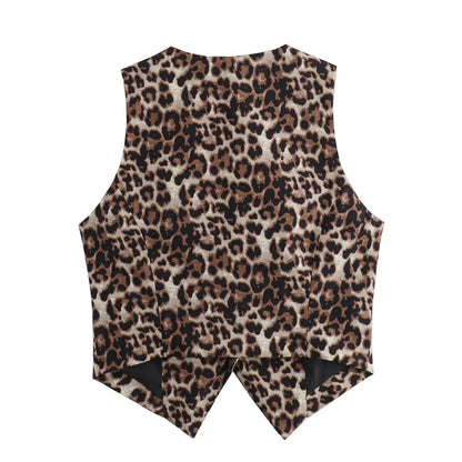 Damkort Väst Leopardmönster Polyester V-Hals-2
