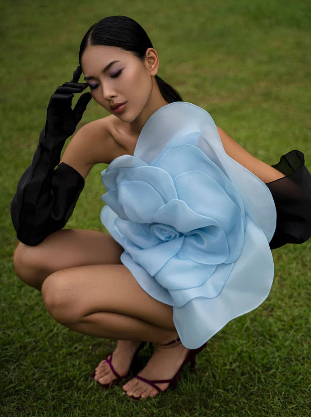 Kvinnors Miniklänning Diagonal Krage 3D-Blomdekoration Polyester 5