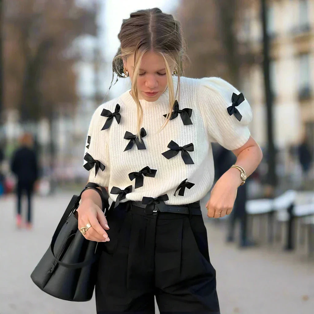 Dam Tröja Puffärmar Polyester Kort Klippning-3