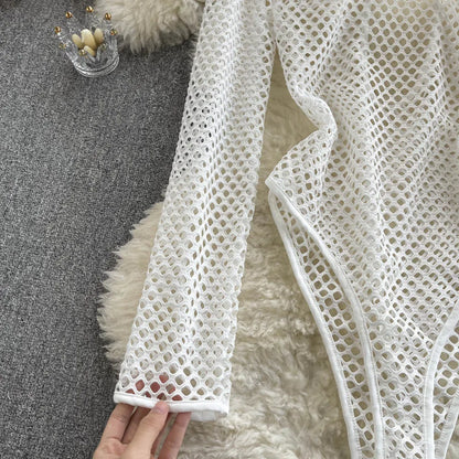 Dam Bodysuit Tätt Snitt Polyester och Bomull med Trasig Design-3
