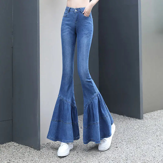 Dam Jeans Hög Midja Schlagjeans Bomull Denim-1