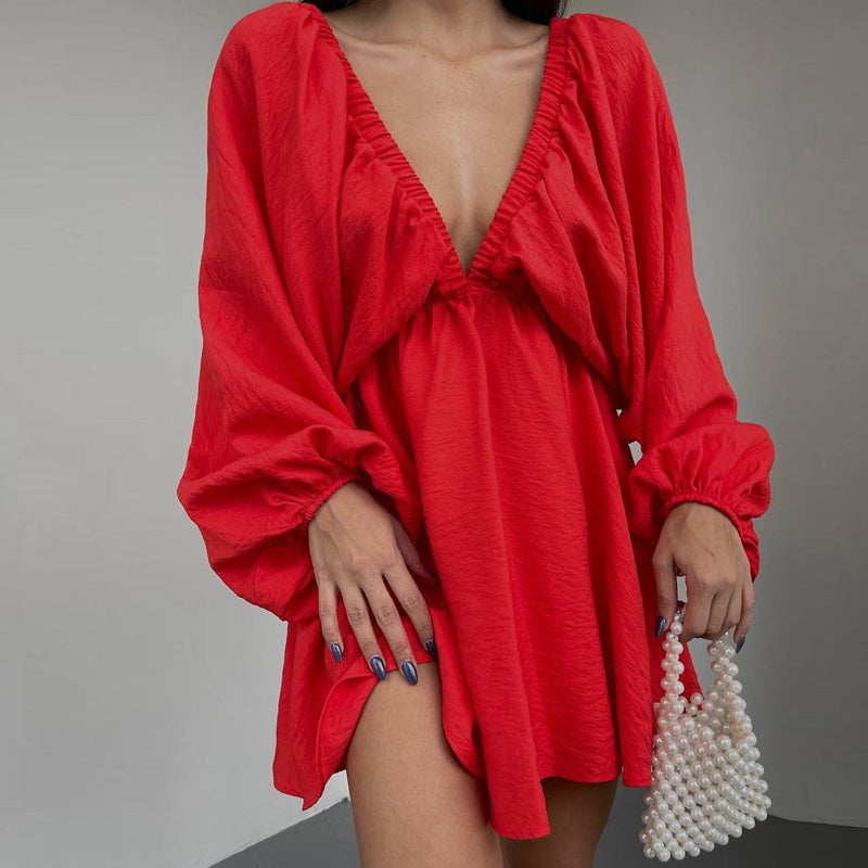 Variant image for Kvinna Miniklänning med Fjärilärmar Polyester V-ringning-21