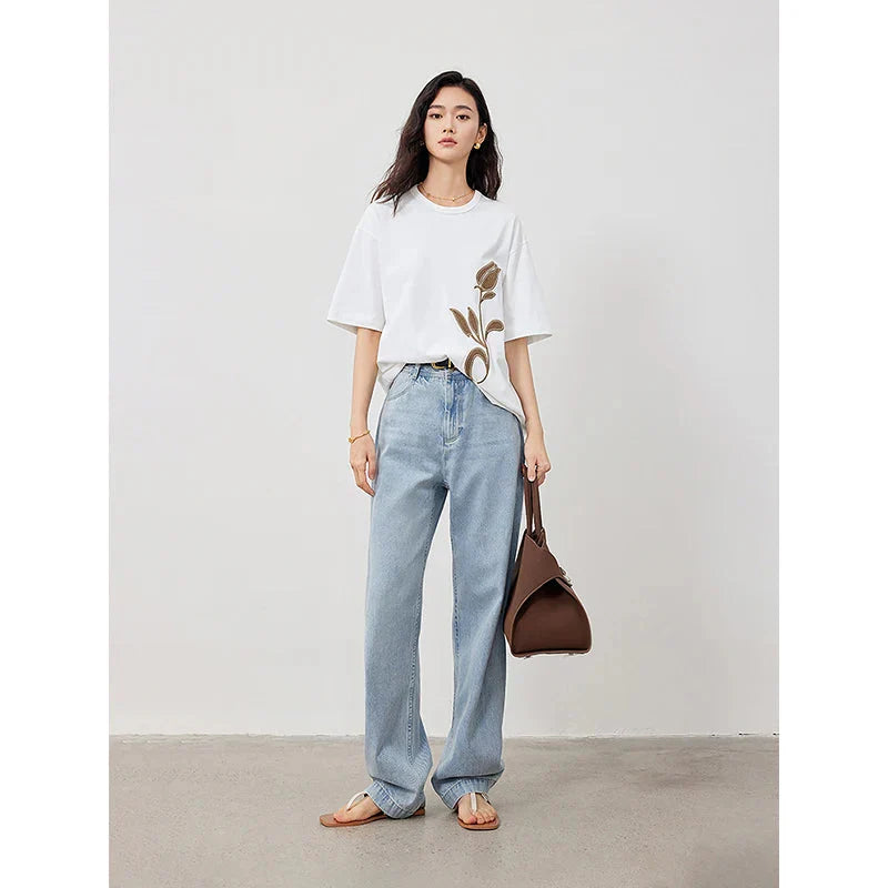 Dam T-shirt Blommönster Avslappnad Bomull-4