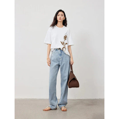 Dam T-shirt Blommönster Avslappnad Bomull-4