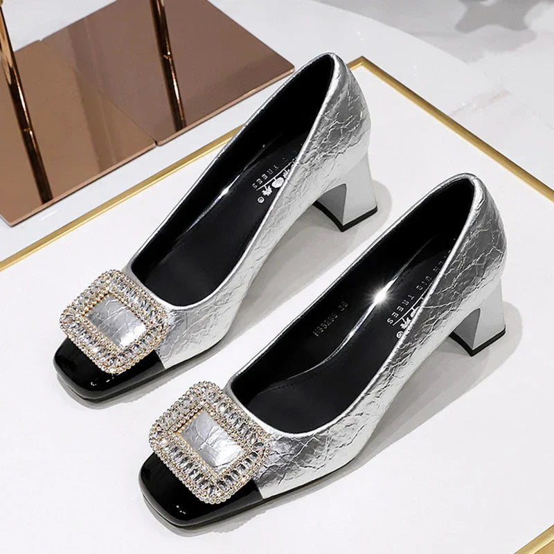 Dam Pumps Fyrkantig Tå PU-Material Elegant Design-5