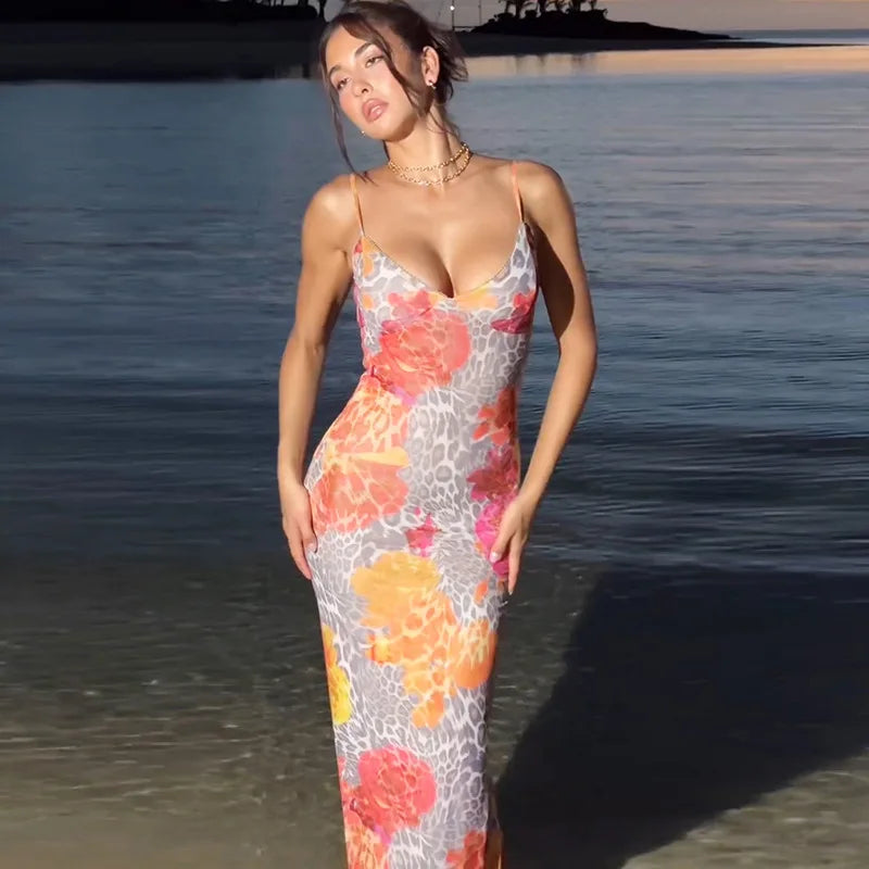 Maxiklänning Dam V-Hals Kolumn Polyester Spandex med Tryck-5