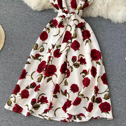 Kvinnors Midi Klänning med Blommönster och V-ringning – Knälång A-linjeformad i Bomull och Polyester 4