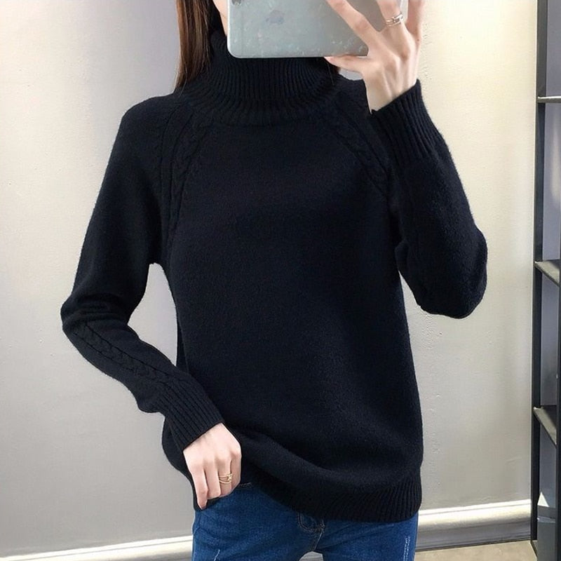 Stickad Dam Tröja Turtleneck Bomull Polyester Casual-3