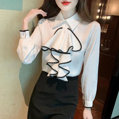 Dam Blus Klassisk Monokrom Polyester Lång Ärme-4