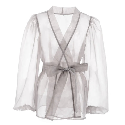 Dam Blus Transparent Organza med Länkbälte Elegant Stil-4