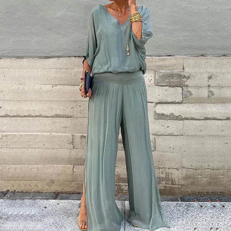 Dam Tvådelad Uppsättning Chiffon Topp och Vida Byxor-3