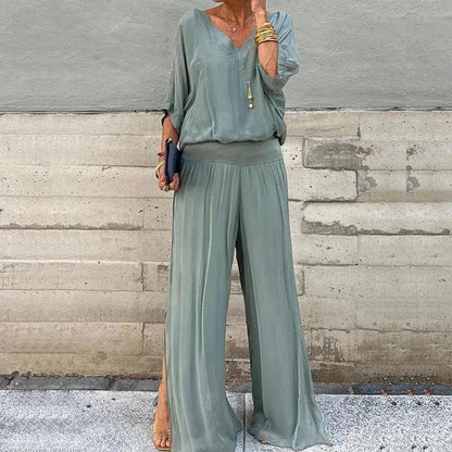Dam Tvådelad Uppsättning Chiffon Topp och Vida Byxor-3