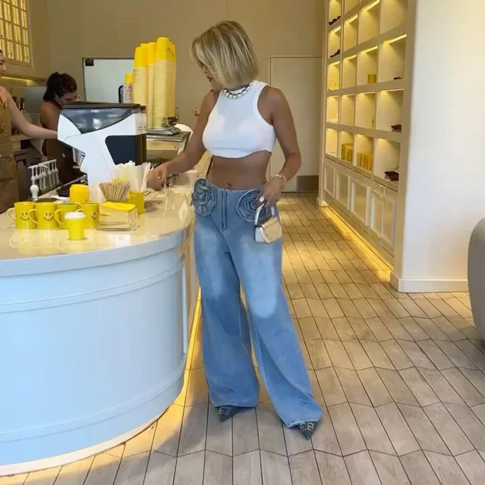 Dam Jeans Rak Snitt Lågt Midja Bomull Polyester Denim 5