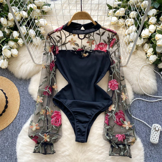 Dam Bodysuit Med Broderi Och Lappmönster Polyester-1