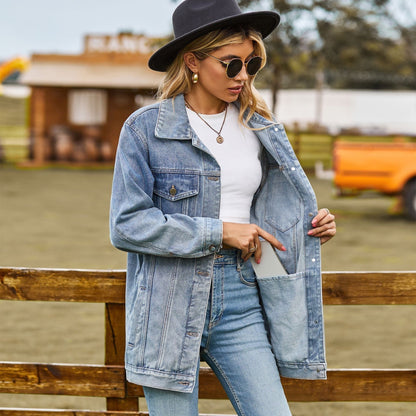 Dam Vintage Denimjacka Knappstängning Denim-2