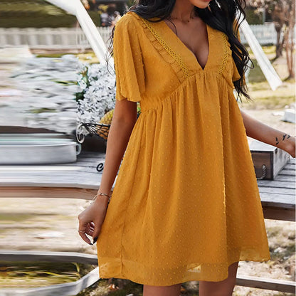 Damklänning V-ringning Spetsdetaljer 100% Polyester Fina Dam Klänningar-4