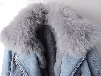 Damjacka i Denim och Plysch Skräddarsydd Vinterjacka för Kvinnor-5