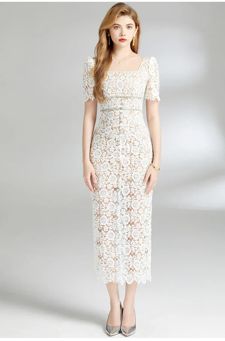 Dam Klänning Midi Blommönster Bomull Figursydd-2