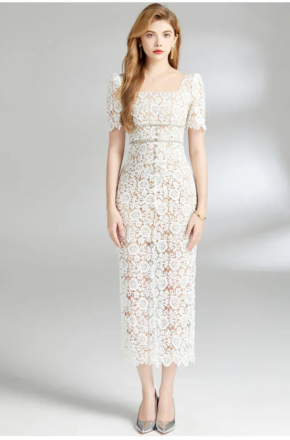 Dam Klänning Midi Blommönster Bomull Figursydd-2