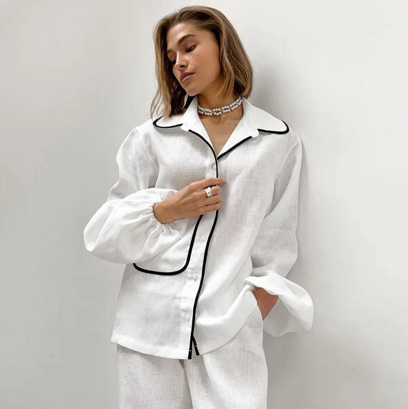 Herrpyjamas Tvådelad Löst Sittande Mjuk Tyg med Kontraströr-3
