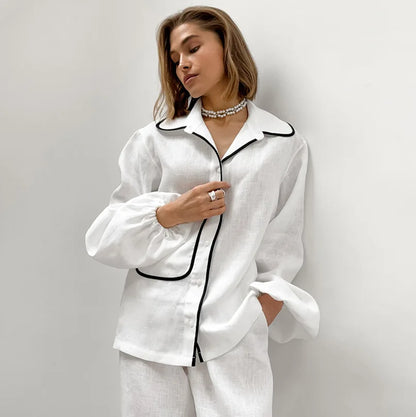 Herrpyjamas Tvådelad Löst Sittande Mjuk Tyg med Kontraströr-3