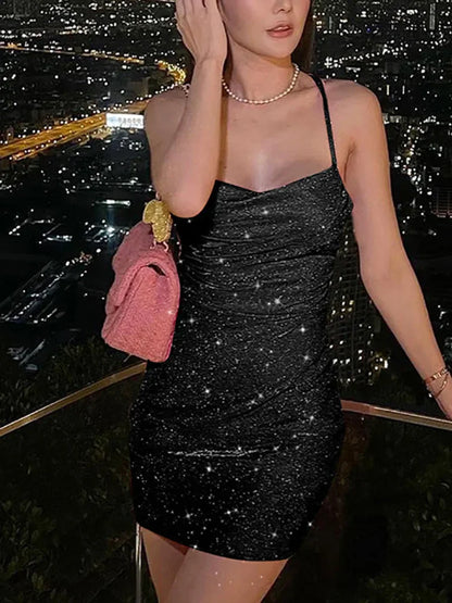 Kvinnors Glittrig Miniklänning Spaghettiband Polyester-2