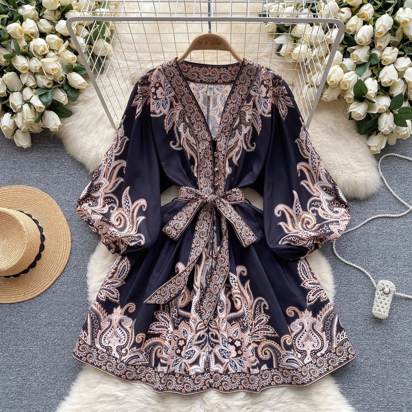 Variant image for Dam Miniklänning A-linje V-hals Puffärmar Vintage Tryck Polyester-11