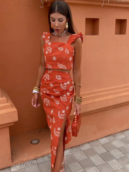 Variant image for Kvinna Tvådelad Boho Uppsättning Kort Topp Midi Kjol Lätt Andningsbart Tyg-1