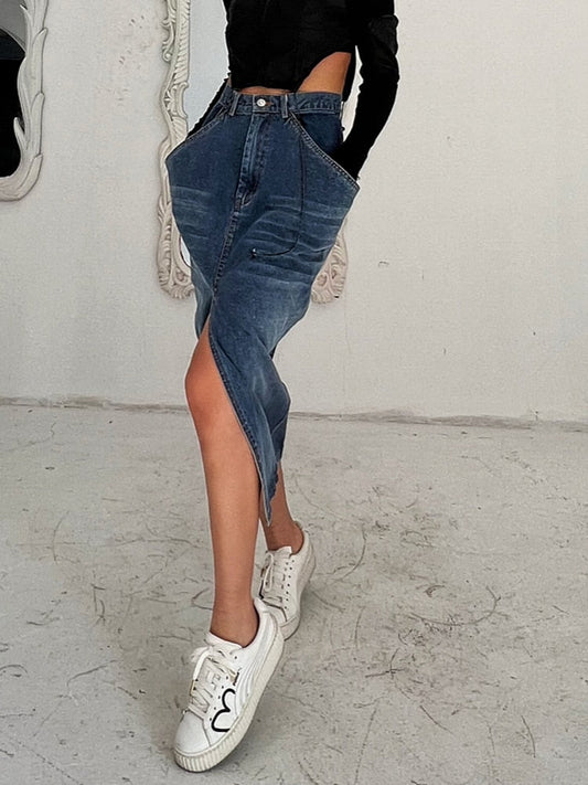 Midi Kjol för Dam i Jeans med Fickor – Monokromt Material, Elegant Design, Perfekt för Vardagsbruk 1