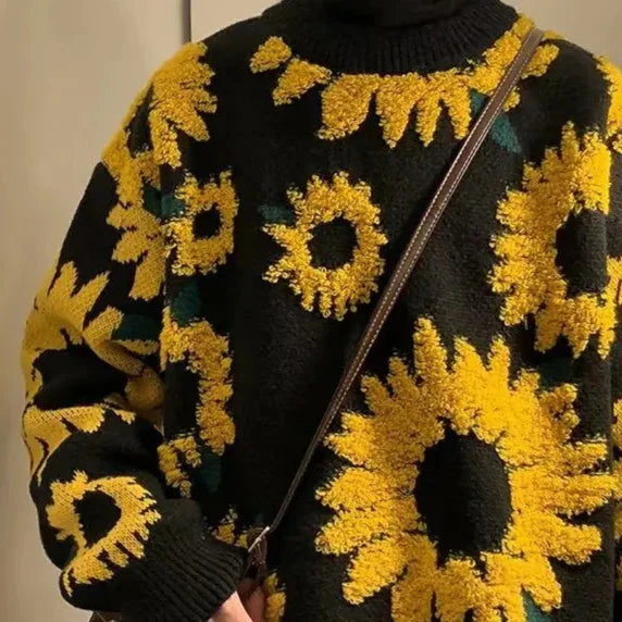 Stickad Dam Tröja med Solrosmönster i Tjock Akryl-2