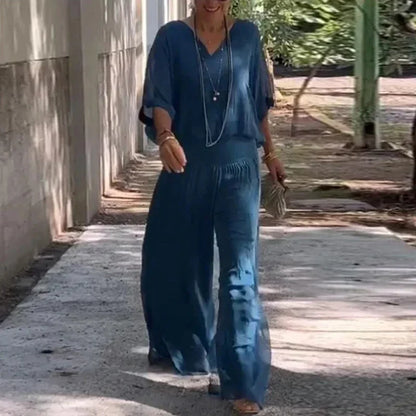 Dam Tvådelad Uppsättning Chiffon Topp och Vida Byxor-2