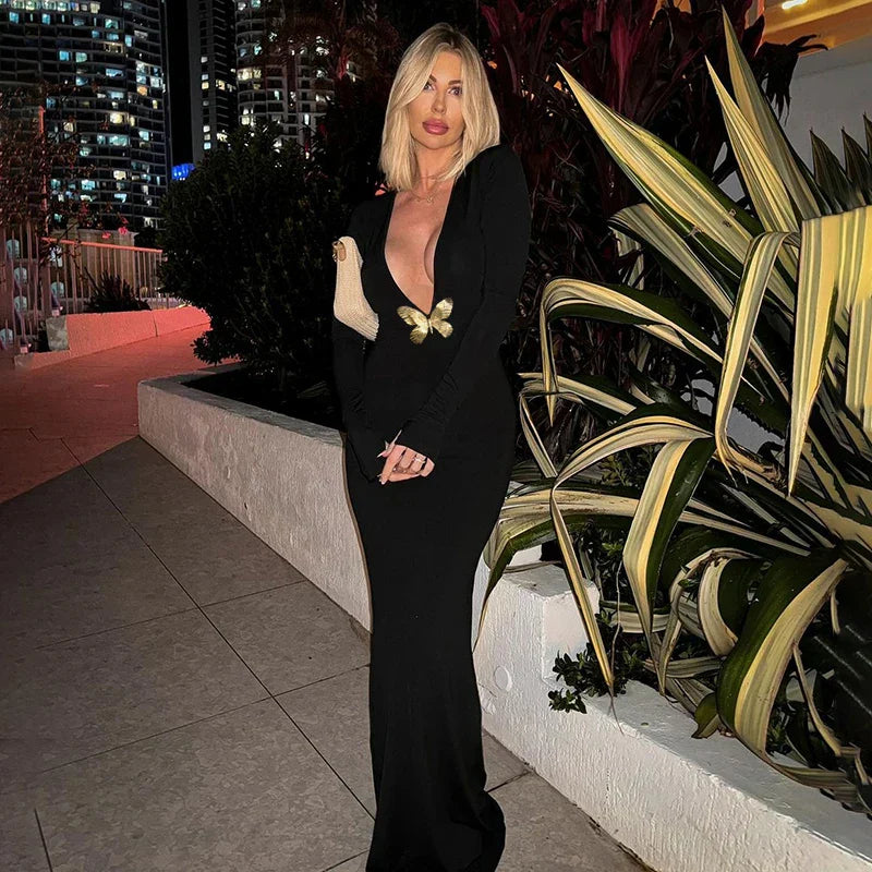 Kvinnors Golvlång Klänning V-ringad Trumpetformad Bomull Polyester-6