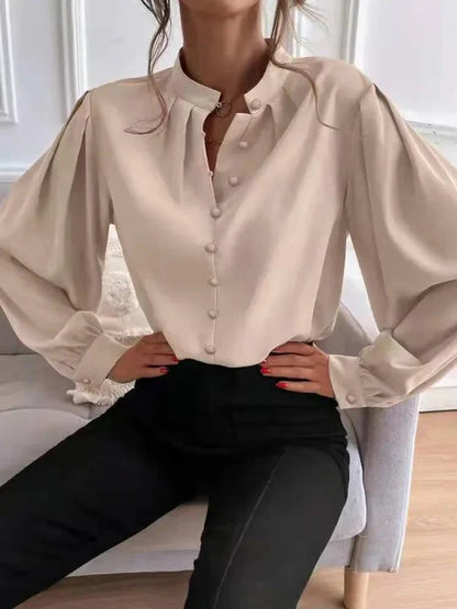 Dam Blus Långa Ärmar Knappstängning Polyester Elegant Stil 3