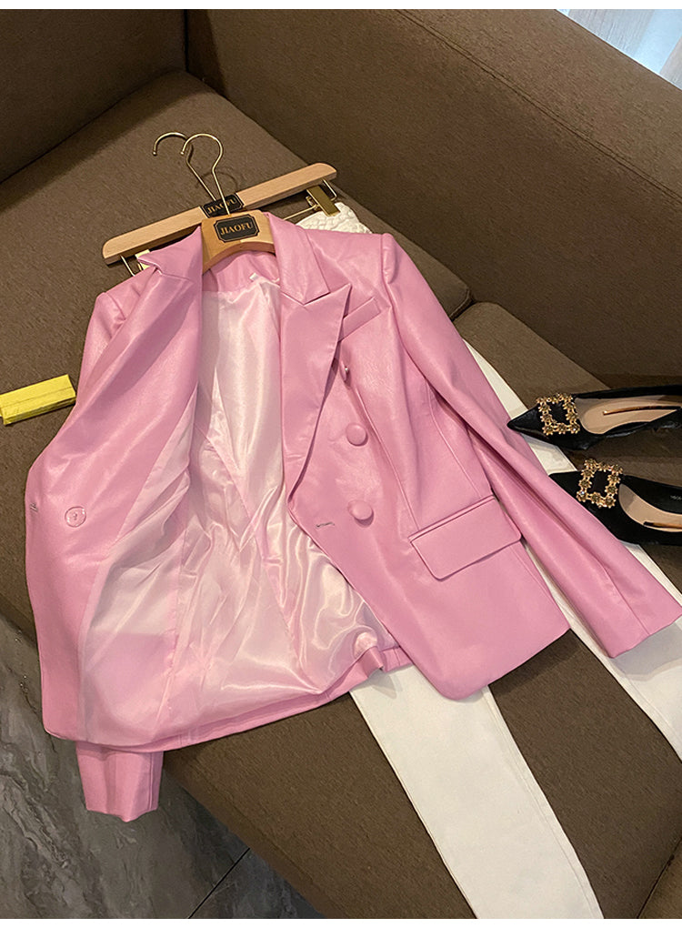 Dam Blazer Trendig Syntetiskt Läder Spetsig Krage Relaxed Fit-2