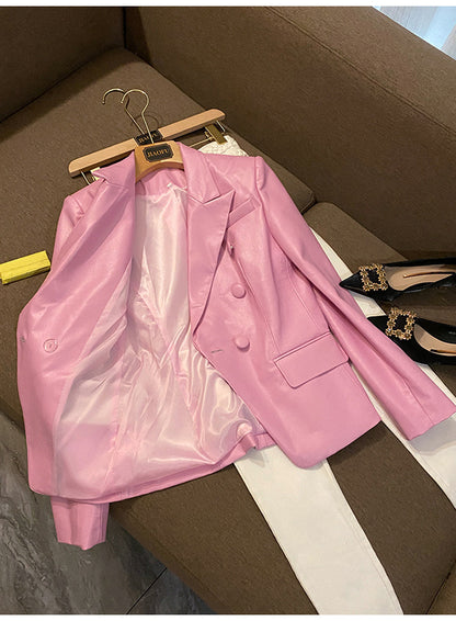 Dam Blazer Trendig Syntetiskt Läder Spetsig Krage Relaxed Fit-2