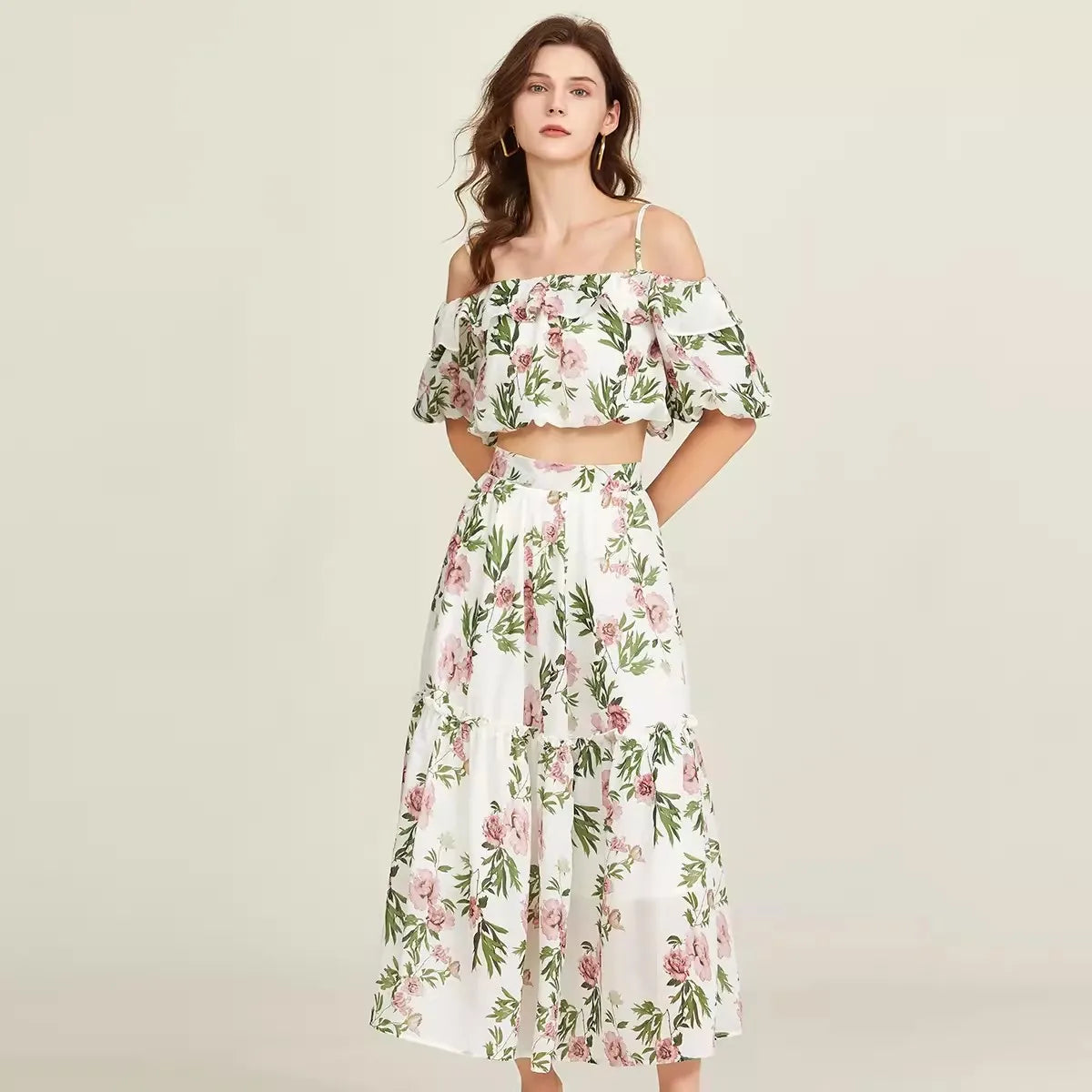 Damklänning med Lykta Ärmar Mönstrad Bomull Spandex Polyester-2