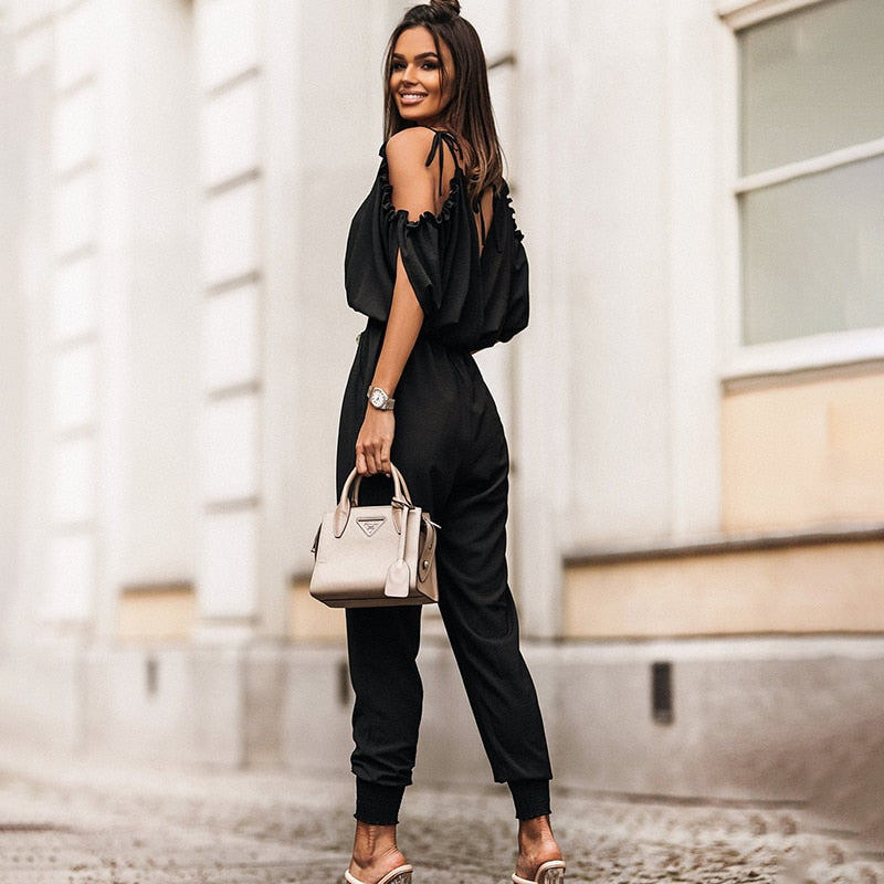 Kvinna Jumpsuit V-ringning Axelfri Högkvalitativt Tyg-2