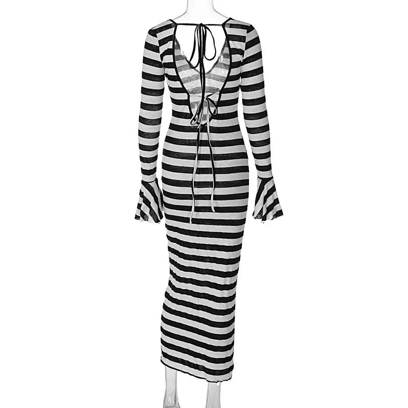 Maxiklänning Dam V-ringning Randig Polyester Lång Ärmar-6