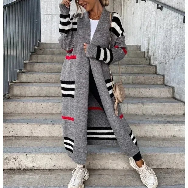 Lång Kofta Dam Stickad Randig Design i 100% Akryl – Trendig Lång Cardigan för Höst och Vinter 8