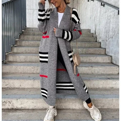 Lång Kofta Dam Stickad Randig Design i 100% Akryl – Trendig Lång Cardigan för Höst och Vinter 8
