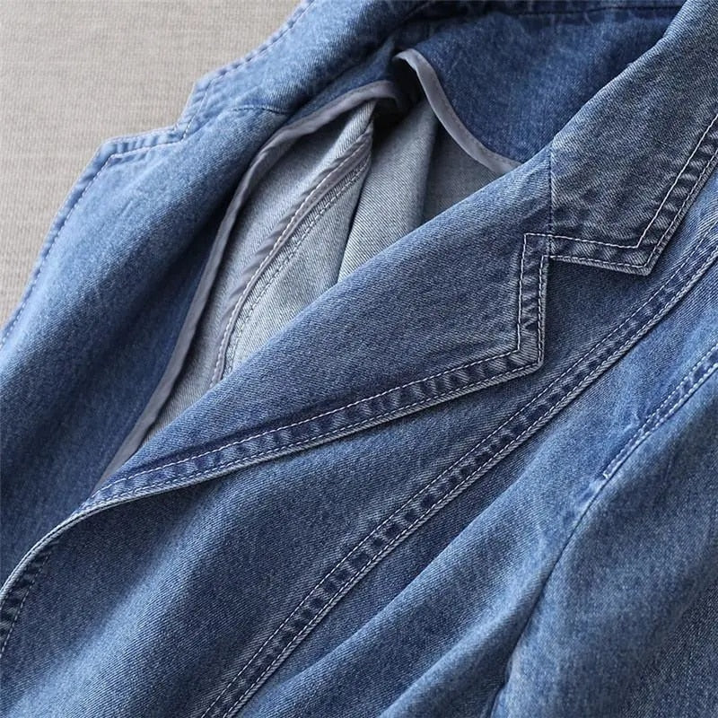 Dam Blazer Modern Denim med Reverseringskrage och Enkel Knappstängning-4
