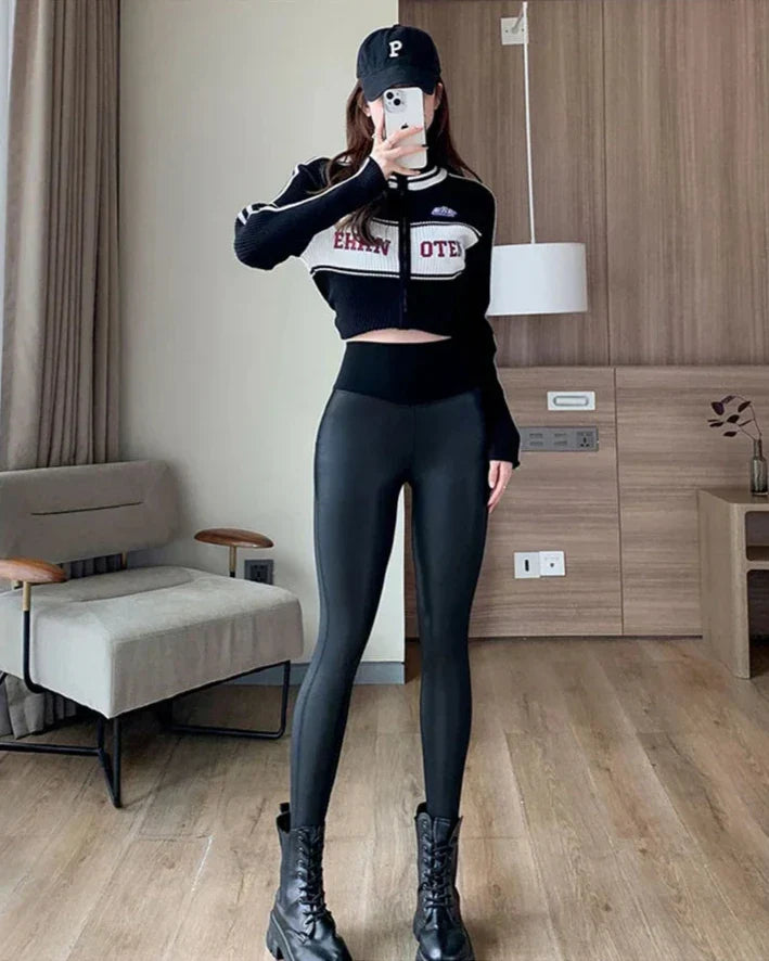 Dam Leggings Hög Midja Syntetiskt Läder Fotledslängd-2