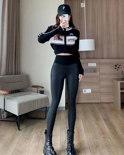 Dam Leggings Hög Midja Syntetiskt Läder Fotledslängd-2