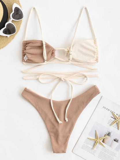 Dam Topp Tvåfärgad Ribbad 100% Bomull-2