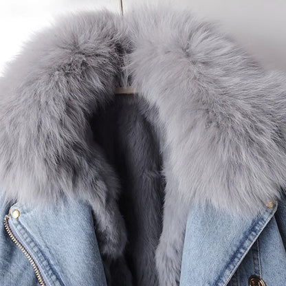 Dam Kappa Avtagbar Krage Denim med Tvättbjörnpäls-4